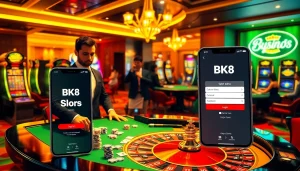 Excited players engaging with bk8 login at a luxurious casino table filled with chips and cards.