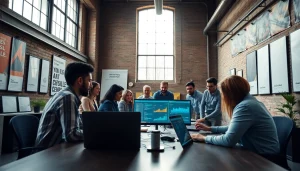 Engaging SaaS team collaborating in a modern office, showcasing technology and teamwork.