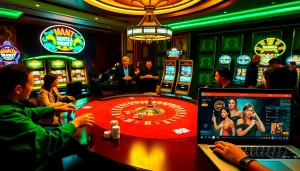 Experience the thrill of winning at Man88's luxurious casino with poker tables and vibrant slot machines.