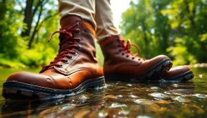 Fly fishing boots immersed in a river, demonstrating durability and functionality amidst a natural setting.
