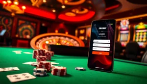 SBOBET login terbaru interface displayed on a mobile device amidst casino tables, creating an engaging gambling atmosphere.