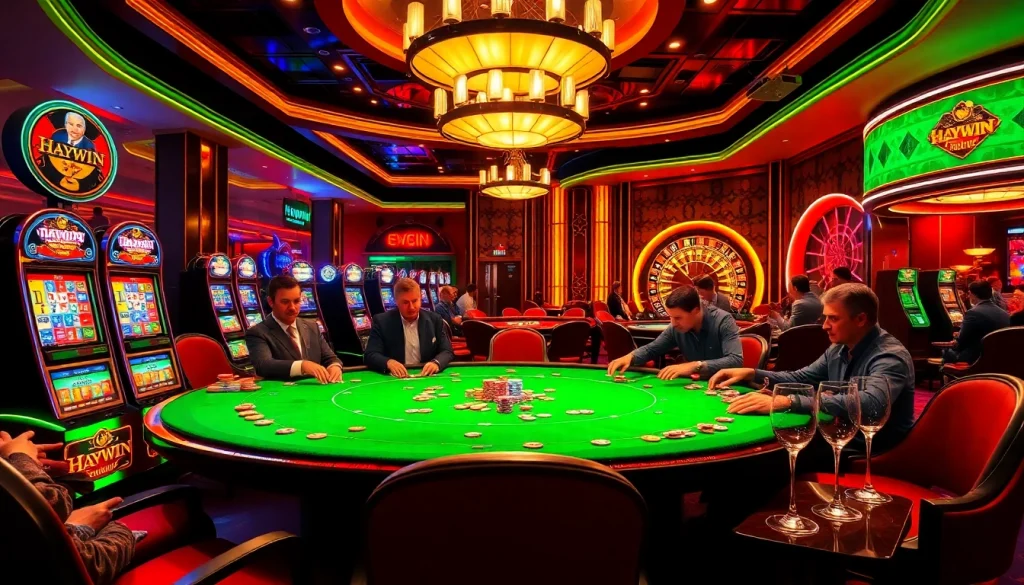 Exciting casino scene showcasing Haywin-themed poker action with players at a high-stakes table.