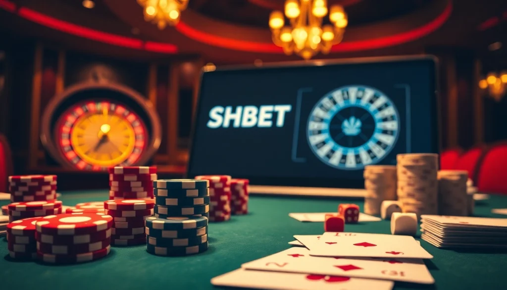 Experience thrilling online gambling at SHBET with vibrant poker tables and roulette wheels.