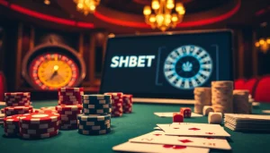 Experience thrilling online gambling at SHBET with vibrant poker tables and roulette wheels.