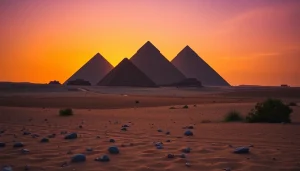 Pyraminds reflecting on the sands at sunset, showcasing their majestic structures.