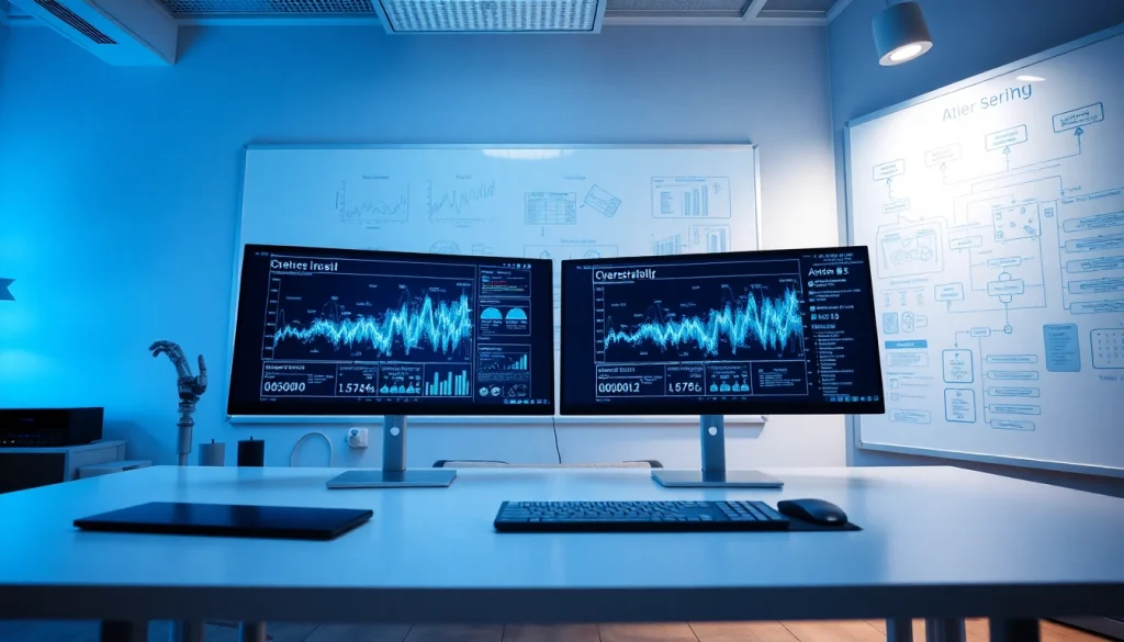 Cybersecurity AI workspace with dual monitors and robotic hand analyzing data.