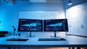 Cybersecurity AI workspace with dual monitors and robotic hand analyzing data.