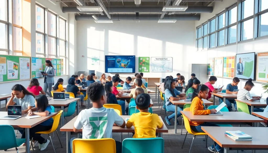 Education-focused classroom with diverse students collaborating using digital tools and vibrant decorations.