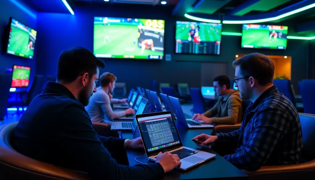 Engaged individuals participate in online sports betting British Columbia within a modern gaming room.
