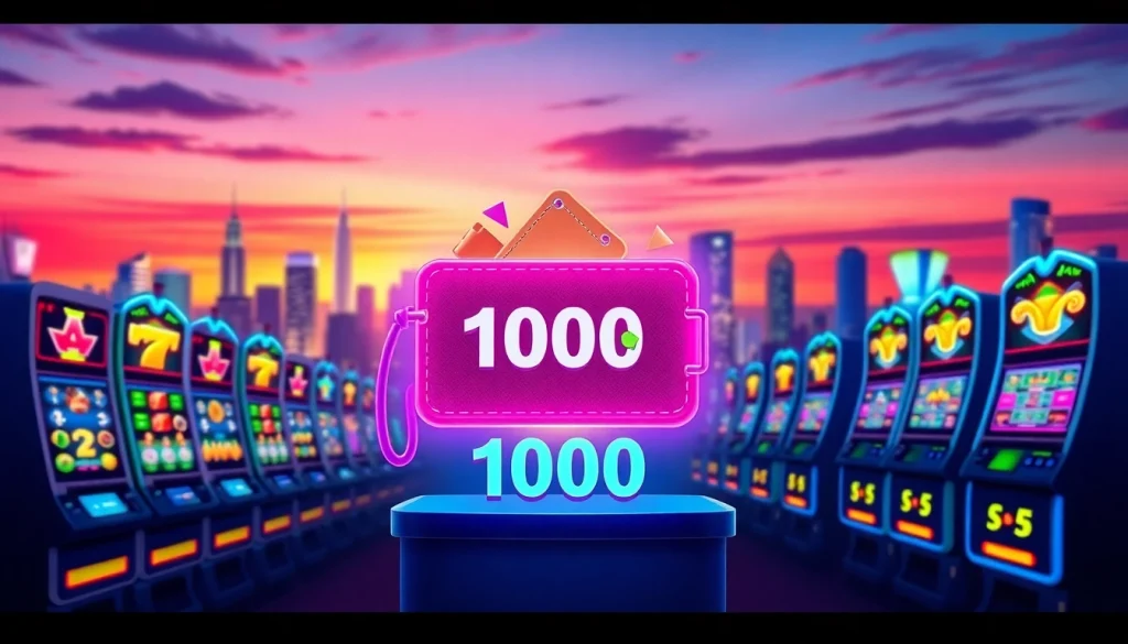 Menggambarkan slot deposit 1000 dalam ilustrasi digital dengan dompet online dan mesin slot yang ceria.