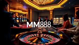 Experience the thrill of MM88 casino games with dealers at a vibrant table.