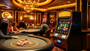 Experience the excitement of S8 Casino with vibrant gaming tables and slot machines in a luxurious setting.