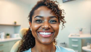 キレイライン矯正 口コミ showcasing a happy patient with perfectly aligned teeth in a dental office.
