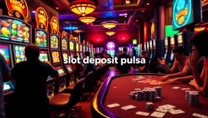 Players enjoying slot deposit pulsa games at a lively casino with colorful slot machines.