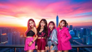 Blackpink members posing dynamically against a vibrant city sunset backdrop.