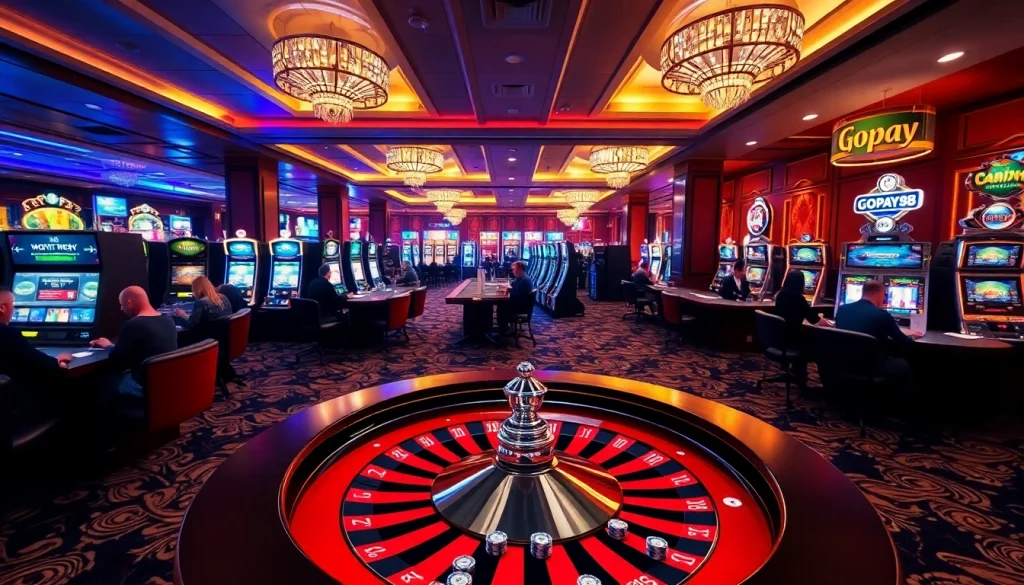 Experience thrilling gameplay with Gopay88 in a luxurious casino setting featuring vibrant slot machines.