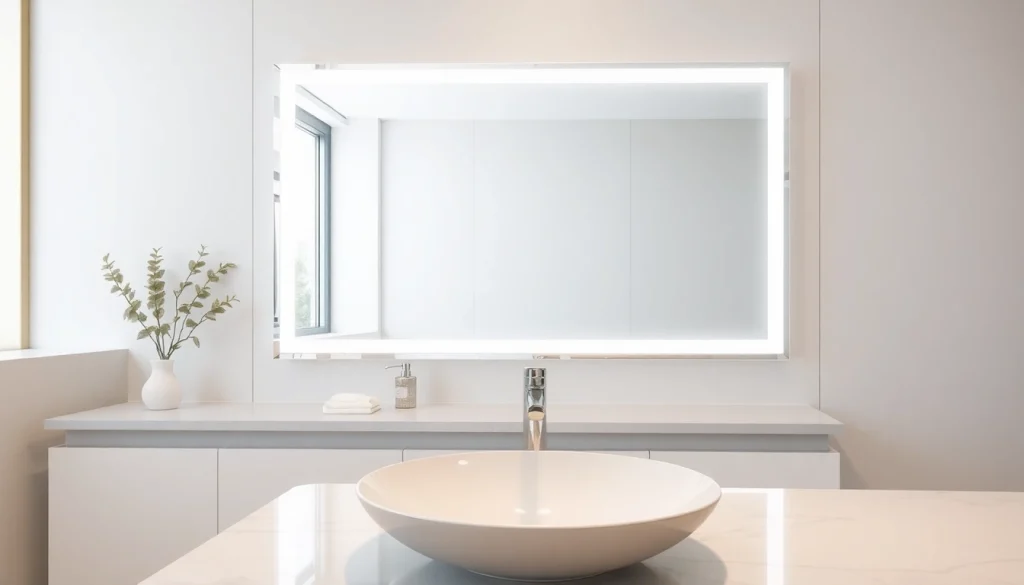 Stylish bathroom mirror with led light illuminating a modern bathroom space for a serene experience.