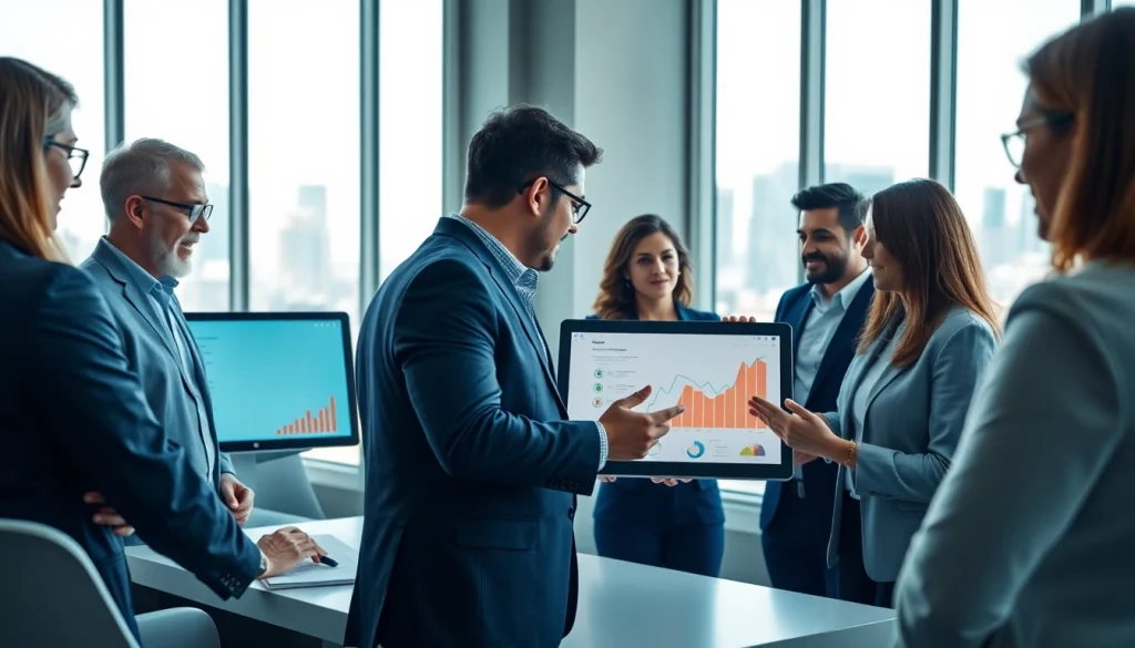 Collaborative financial advisory team at globalwealthscope.com strategizing in a modern office setting.