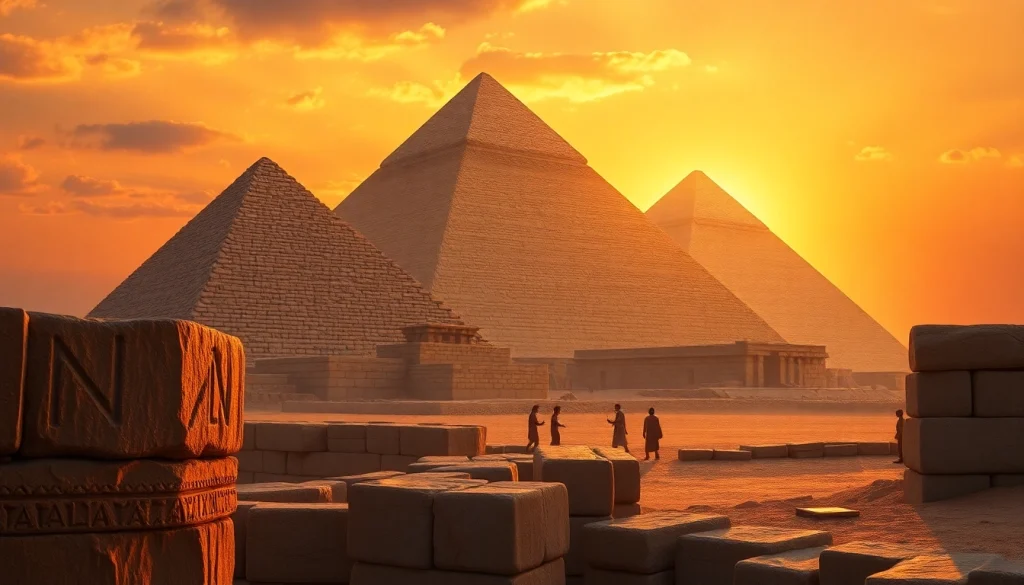 Explore ancient piraminds illuminated in sunset, highlighting majestic structure with explorers nearby.