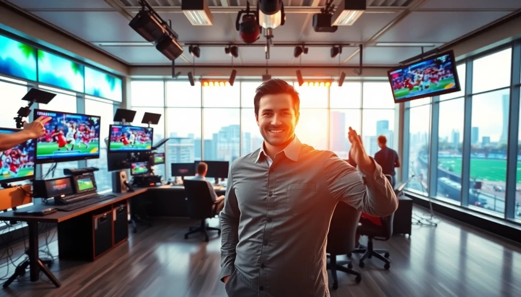 Engaging sports broadcasting studio showcasing live events, vibrant technology, and an energetic reporter.