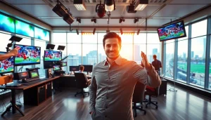 Engaging sports broadcasting studio showcasing live events, vibrant technology, and an energetic reporter.