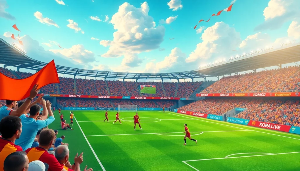 استمتع بتجربة كورا لايف مع مباراة كرة قدم مثيرة تُظهر اللاعبين أثناء اللعب وتتفاعل جماهير متحمّسة.