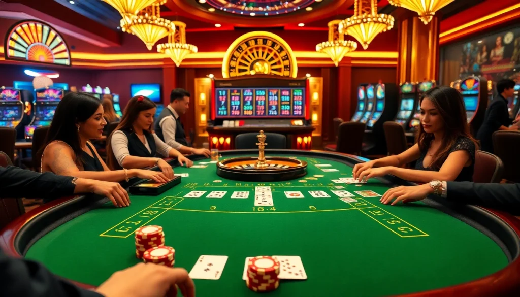 Exciting gambling atmosphere at 789bet.com featuring a lively blackjack table, poker chips, and slot machines.