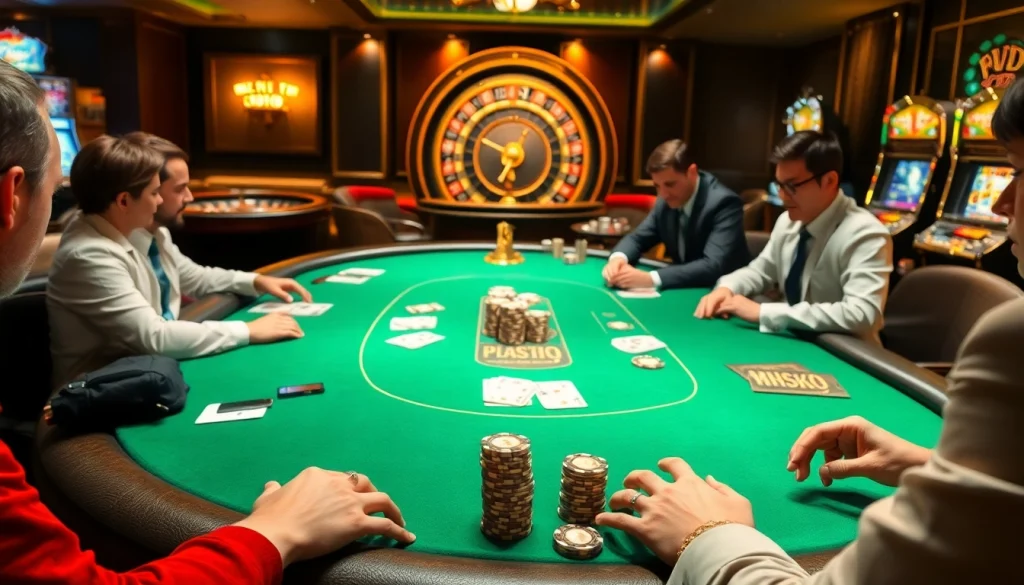 Engage with the excitement of a poker game at https:/nk88.us.com/, featuring vibrant tables, chips, and a roulette wheel.