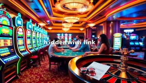 Engage with the casino's excitement featuring a hidden wiki link among poker tables and vibrant slot machines.