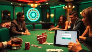 Experience the thrill of bk8 login at a luxurious casino table with vibrant poker chips and spinning roulette wheel.