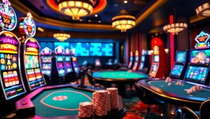 Menang besar di permainan slot deposit pulsa dalam suasana kasino mewah dengan mesin slot yang dinamis.