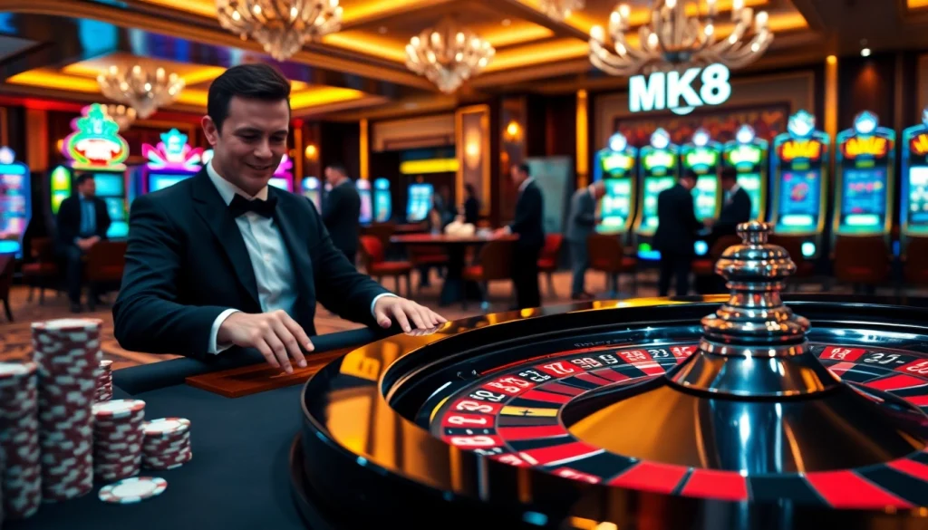 Engaging MK8 players thrillingly betting at a high-stakes casino roulette table.