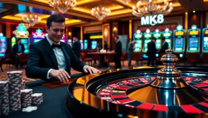 Engaging MK8 players thrillingly betting at a high-stakes casino roulette table.