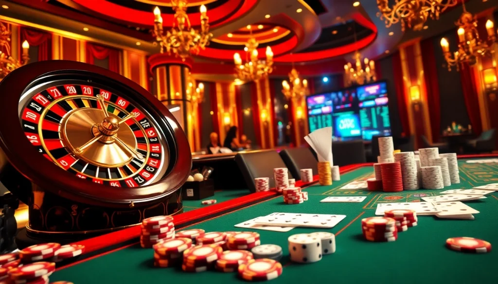 Exciting casino scene with roulette wheel and poker chips, inspired by kkwin.life.