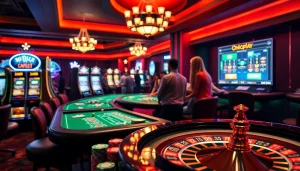 Players enjoying Onicplay slots with vibrant casino elements and poker chips.