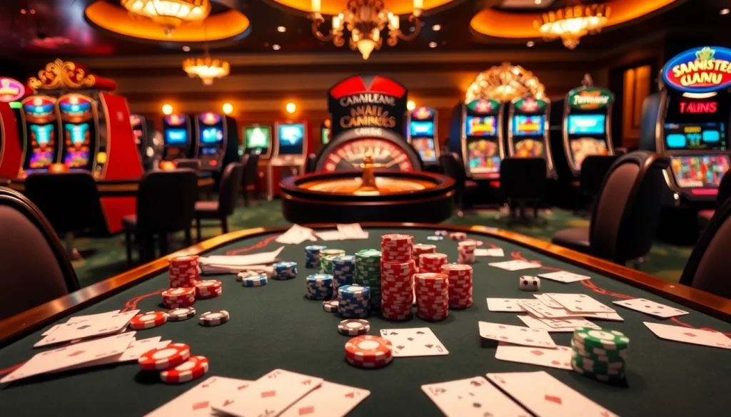 Experience the thrill of gambling with רמי אונליין at a luxurious casino scene featuring poker chips and roulette.
