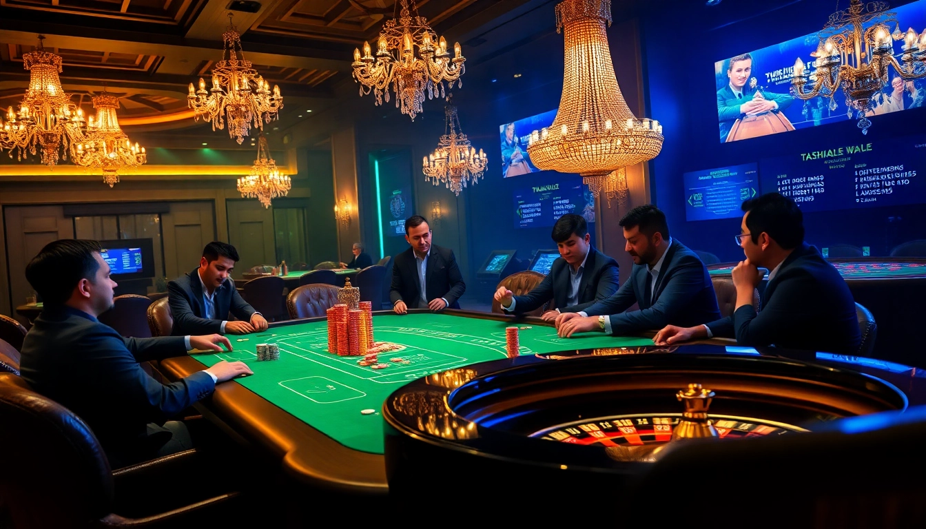 Players experience high-energy poker action at Thabet College casino, showcasing chips and a roulette wheel.