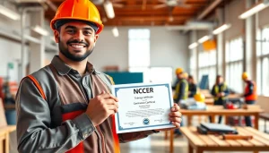 Celebrate NCCER certification achievement with a proud construction worker and training environment.