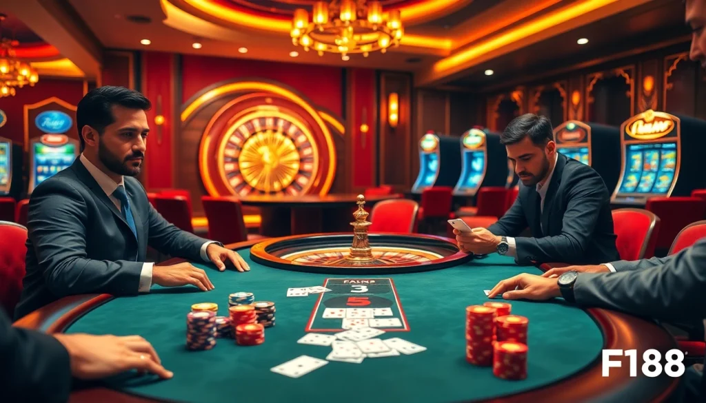 F168 gamblers engaging in a high-stakes poker game amidst vibrant casino ambiance.