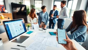 Visual representation of a modern workspace featuring 有道翻译 software, illustrating collaboration in translation services.