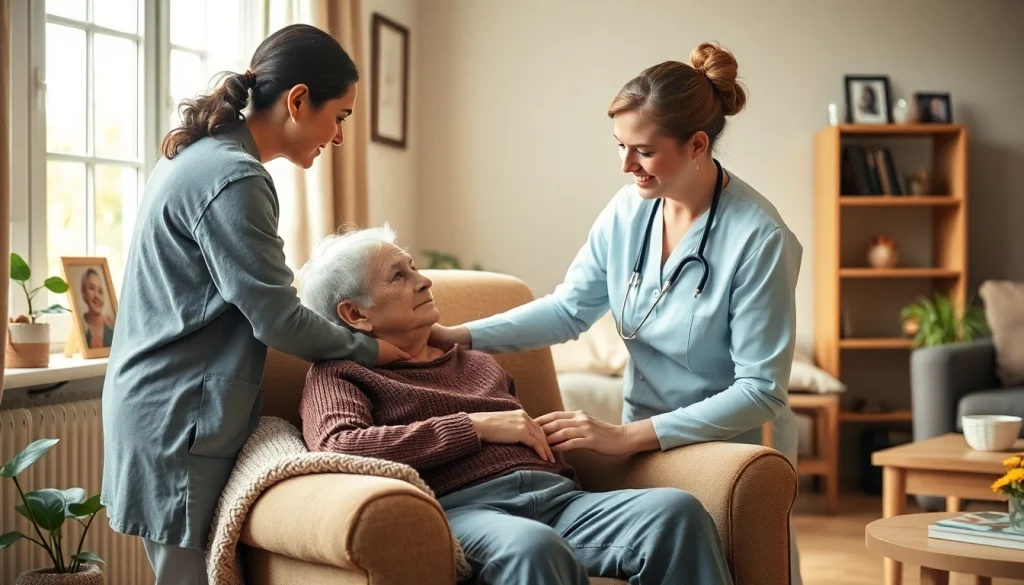 Supportive caregiver providing at home senior care to an elderly patient in a cozy living room.