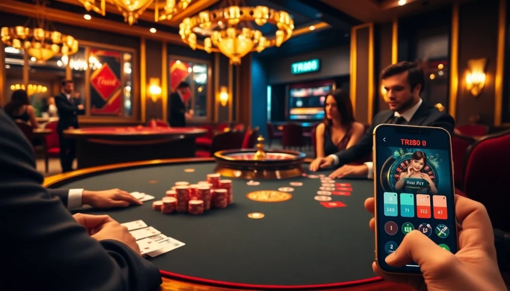 Gambling enthusiasts playing exclusive games with TR88, showcasing luxury and excitement in a casino setting.