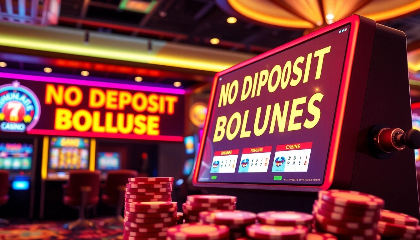 No deposit bonuses sign in a luxurious, vibrant casino atmosphere.