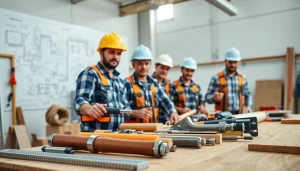 Construction craft training session with professionals demonstrating skills and teamwork in a bright environment.