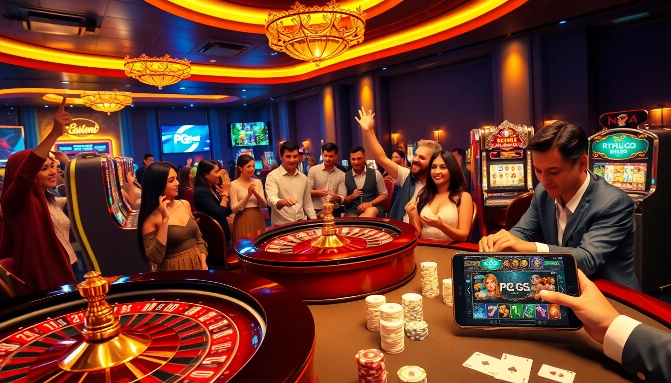 Experience PG Soft's immersive gaming with vibrant casino scenes featuring excited players and luxury elements.