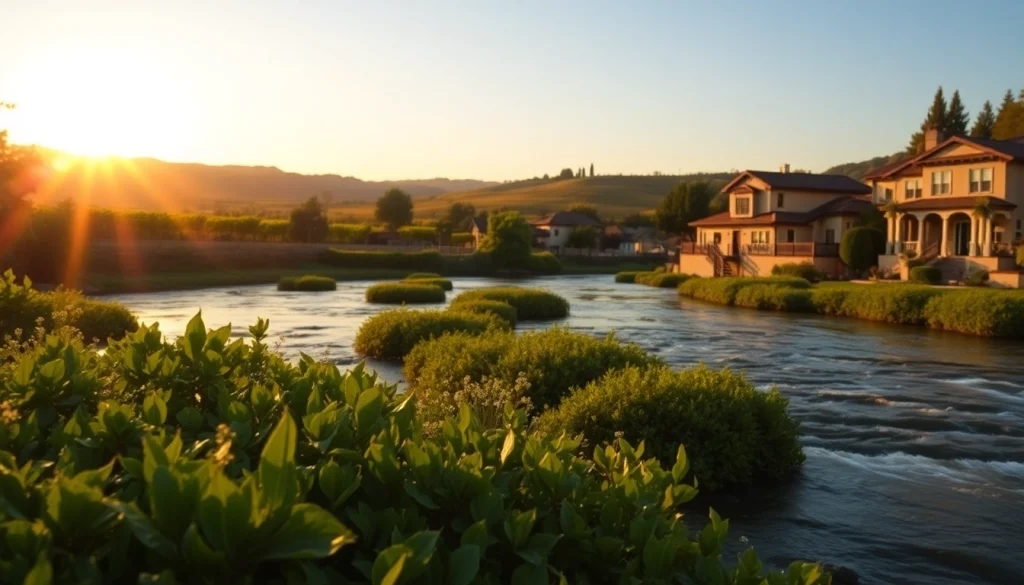 Scenic riverside view of Clarksburg California during sunset with rustic homes and vineyards.
