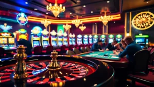 Une scène animée au meilleur casino en ligne avec des joueurs à une table de poker et des machines à sous vibrantes.