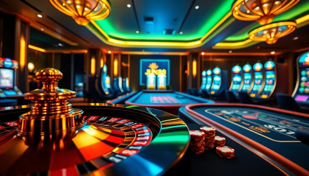 Experience thrilling online gambling at jun88.com with vibrant casino visuals and elegant game tables.