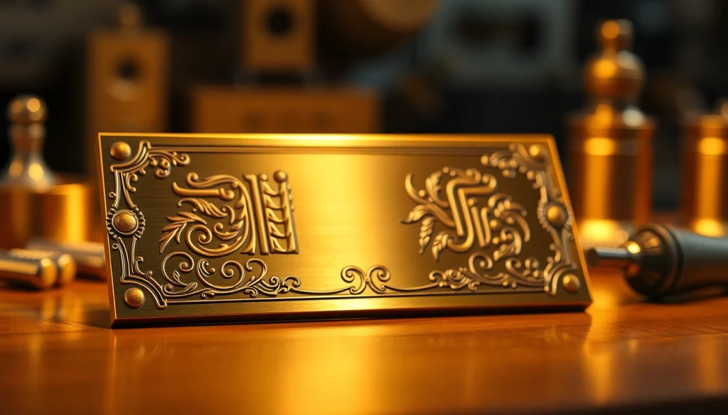 Placă de alamă detaliată (Placa alama) care prezintă gravuri intricate, reflectând eleganța.