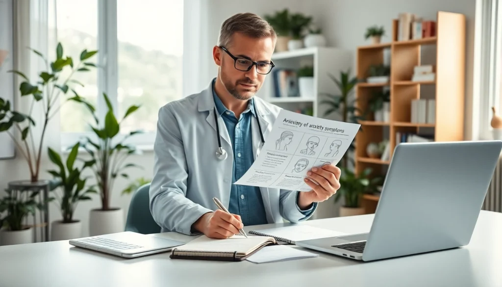An expert discussing anxiety symptoms with illustrated charts in a serene office setting.